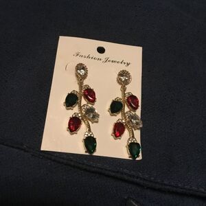 Christmas Holiday Gold and Multicolor Crystal Red Green Light Drop Earrings